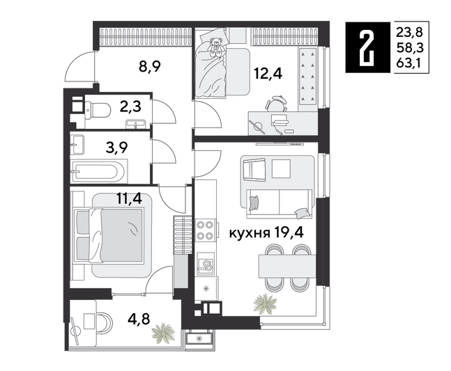 Продажа 2-комнатной квартиры 63,1 м², 3/18 этаж