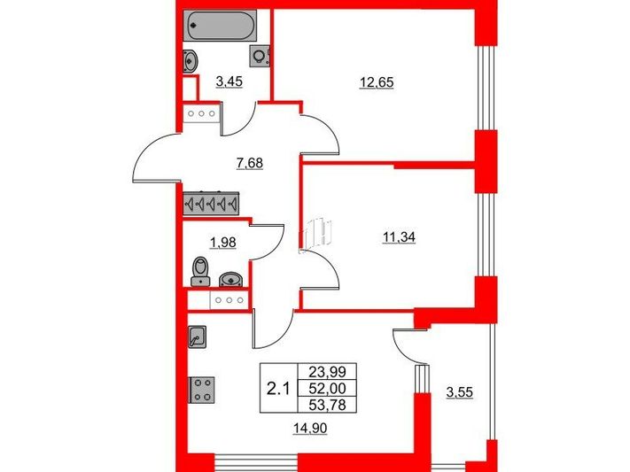 Продажа 2-комнатной квартиры 52 м², 3/15 этаж