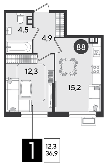 Продажа 1-комнатной квартиры 36,9 м², 8/9 этаж