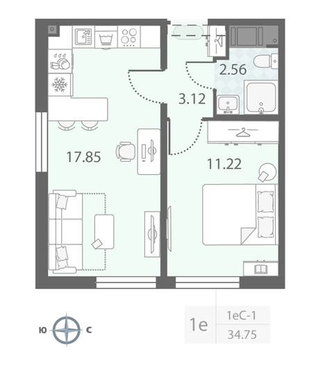 Продажа 1-комнатной квартиры 34,8 м², 16/23 этаж