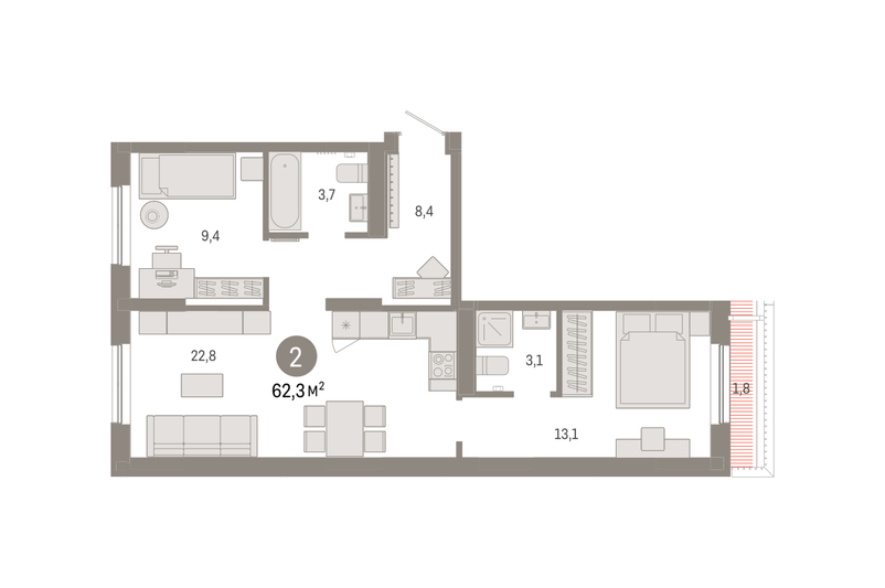 Продажа 2-комнатной квартиры 62,3 м², 9/9 этаж