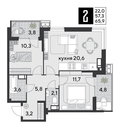 Продажа 2-комнатной квартиры 65,9 м², 14/18 этаж