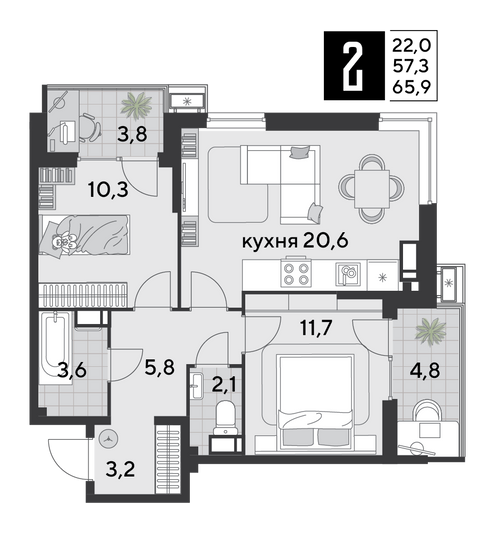 Продажа 2-комнатной квартиры 65,9 м², 15/18 этаж