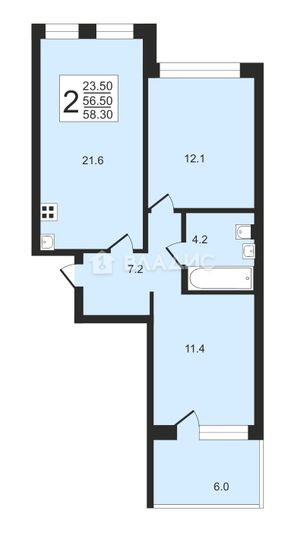 Продажа 2-комнатной квартиры 56,8 м², 1/6 этаж