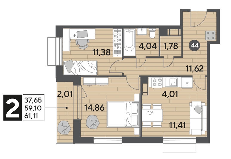 Продажа 2-комнатной квартиры 61,1 м², 2/9 этаж