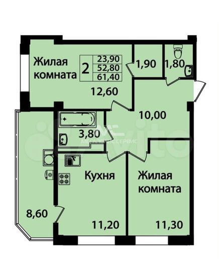 Продажа 2-комнатной квартиры 61 м², 5/9 этаж