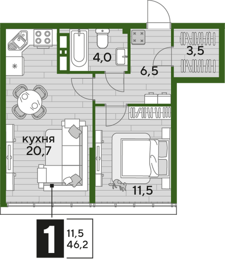 Продажа 1-комнатной квартиры 46,2 м², 19/19 этаж