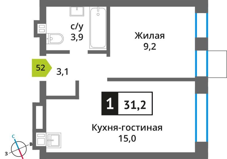 Продажа 1-комнатной квартиры 31,2 м², 7/9 этаж