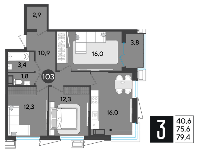 Продажа 3-комнатной квартиры 79,4 м², 13/18 этаж