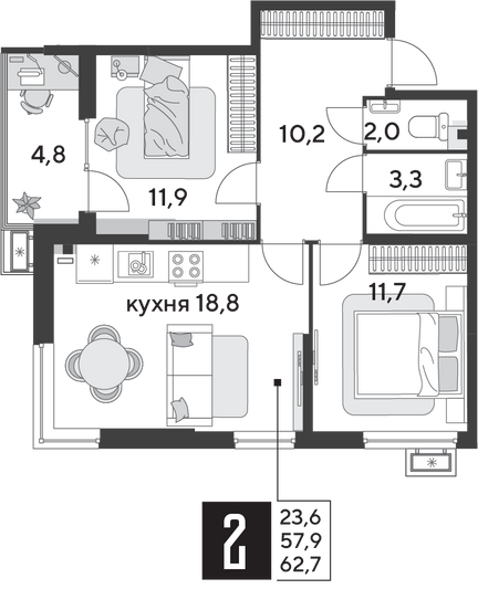 Продажа 2-комнатной квартиры 62,7 м², 2/9 этаж