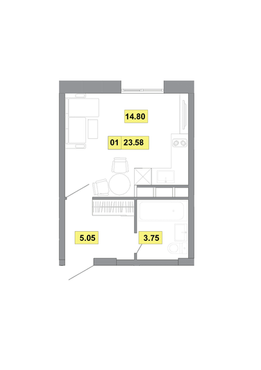 Продажа 1-комнатной квартиры 23,6 м², 9 этаж