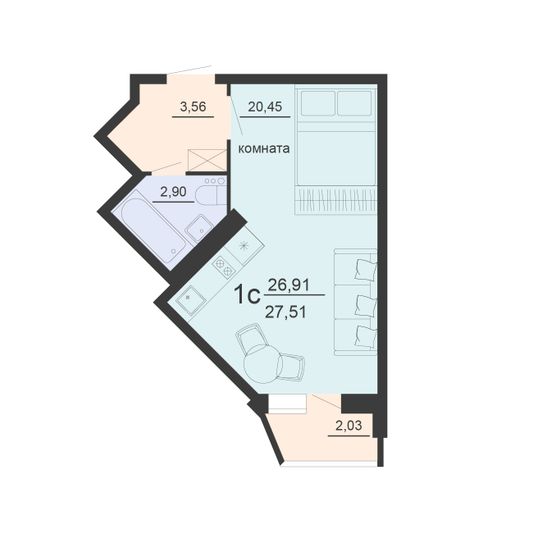 Продажа 1-комнатной квартиры 27,5 м², 6/20 этаж