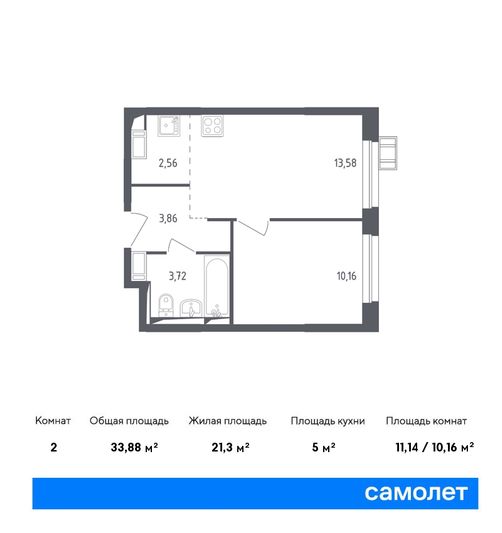 Продажа 2-комнатной квартиры 33,9 м², 5/17 этаж