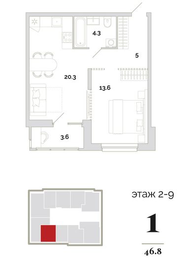 Продажа 1-комнатной квартиры 46,8 м², 2/18 этаж