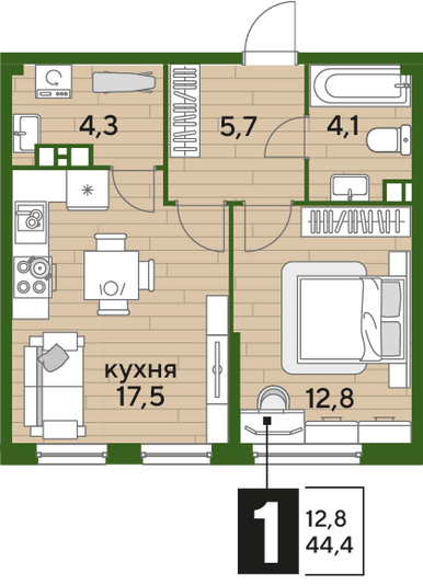 Продажа 1-комнатной квартиры 44,4 м², 9/16 этаж
