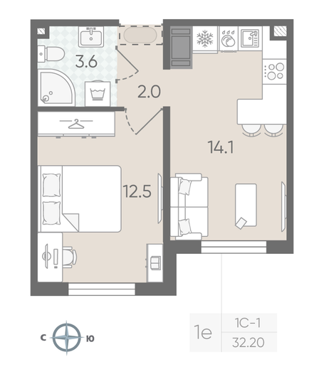 Продажа 1-комнатной квартиры 32,2 м², 11/22 этаж