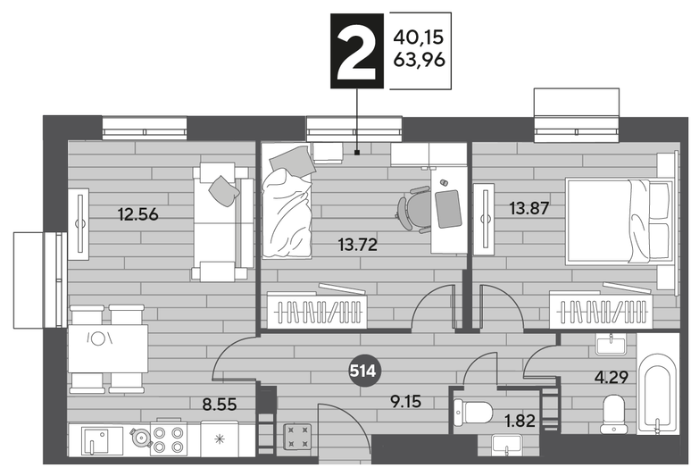 Продажа 2-комнатной квартиры 64 м², 9/15 этаж