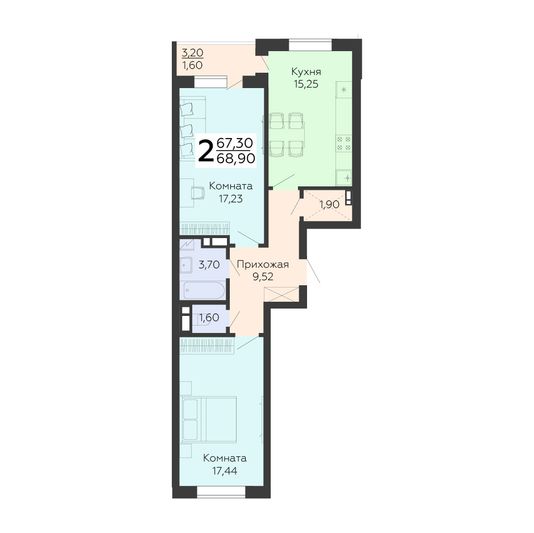 Продажа 2-комнатной квартиры 68,9 м², 5/18 этаж