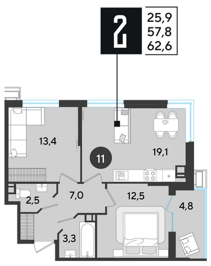 Продажа 2-комнатной квартиры 62,6 м², 3/9 этаж