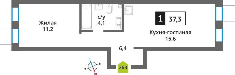 Продажа 1-комнатной квартиры 37,3 м², 4/6 этаж