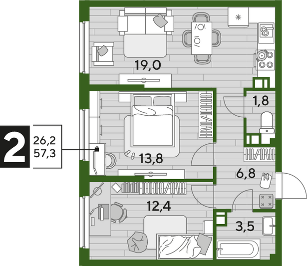 Продажа 2-комнатной квартиры 57,3 м², 6/16 этаж