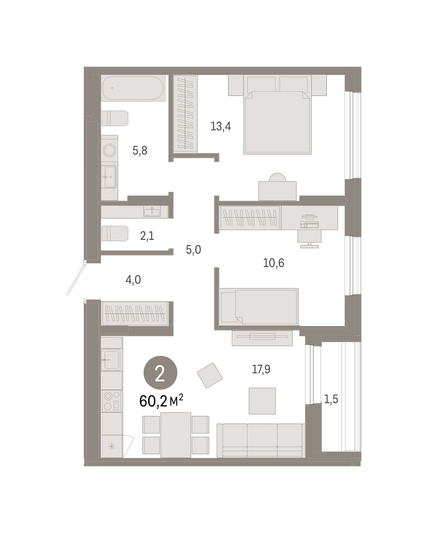 Продажа 2-комнатной квартиры 60,2 м², 15/15 этаж