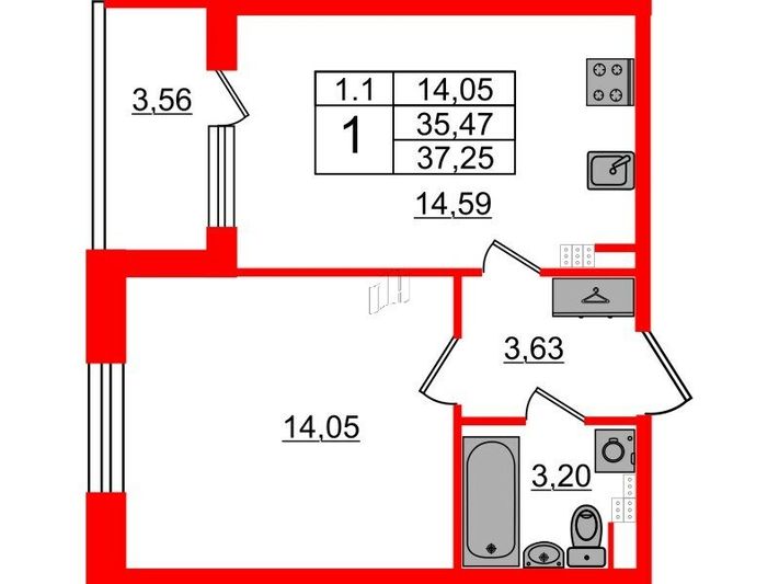 Продажа 1-комнатной квартиры 35,5 м², 4/5 этаж