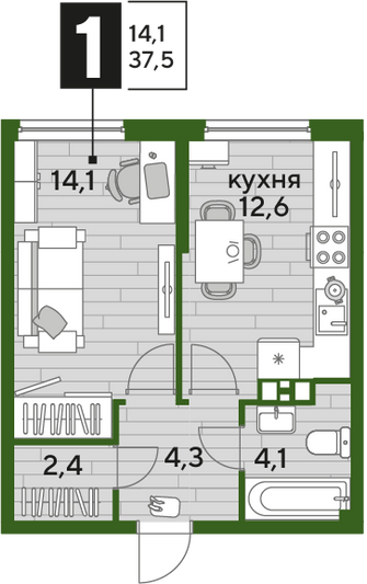 Продажа 1-комнатной квартиры 37,5 м², 7/16 этаж