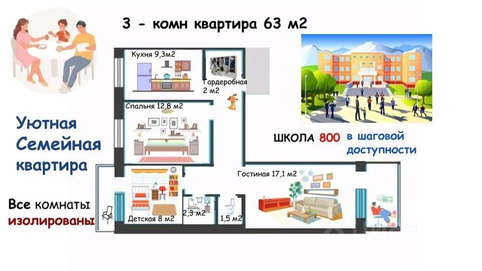 Продажа 3-комнатной квартиры 63 м², 7/10 этаж