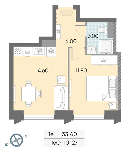 Продажа 1-комнатной квартиры 33,4 м², 27/58 этаж