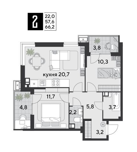 Продажа 2-комнатной квартиры 66,2 м², 4/18 этаж