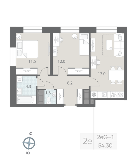 Продажа 2-комнатной квартиры 54,3 м², 6/10 этаж