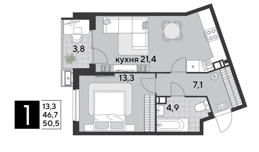 Продажа 1-комнатной квартиры 50,5 м², 6/18 этаж