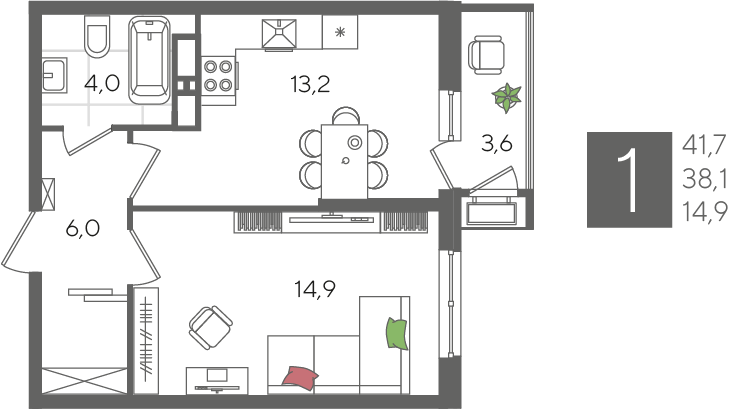Продажа 1-комнатной квартиры 41,7 м², 21/24 этаж