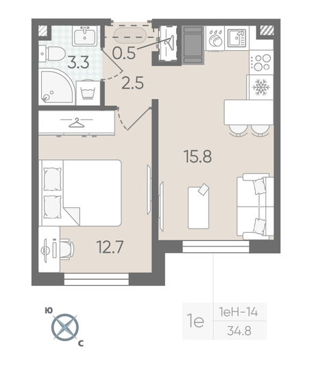 Продажа 1-комнатной квартиры 34,8 м², 21/22 этаж