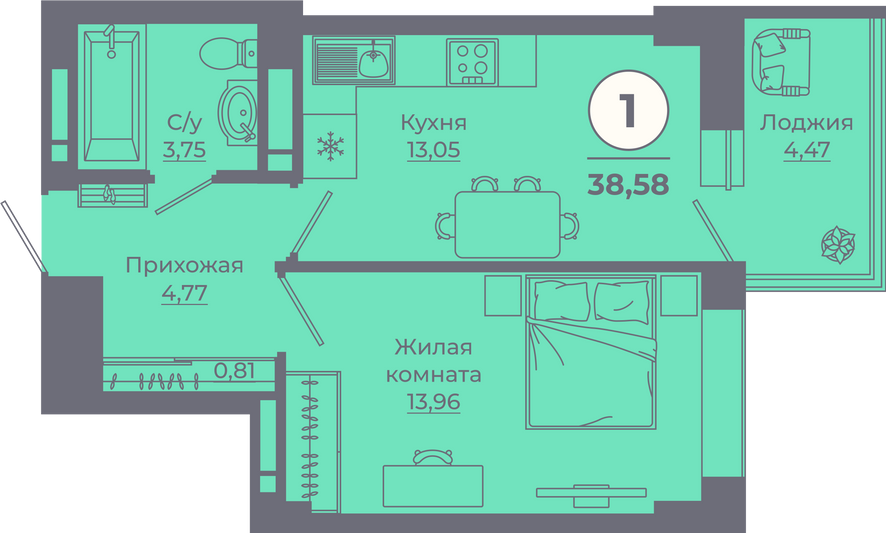 Продажа 1-комнатной квартиры 38,6 м², 9/25 этаж