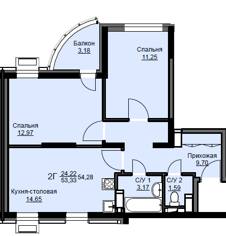 Продажа 2-комнатной квартиры 54,3 м², 16/17 этаж