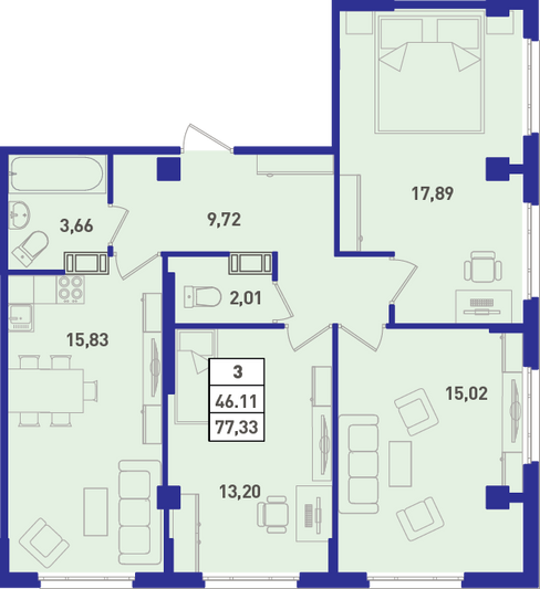 Продажа 3-комнатной квартиры 76,3 м², 4/18 этаж
