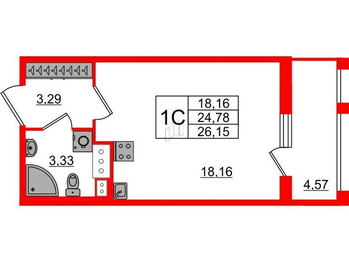 Продажа квартиры-студии 24,8 м², 11/12 этаж