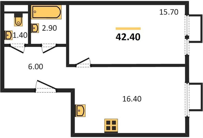 Продажа 1-комнатной квартиры 42,4 м², 2/24 этаж