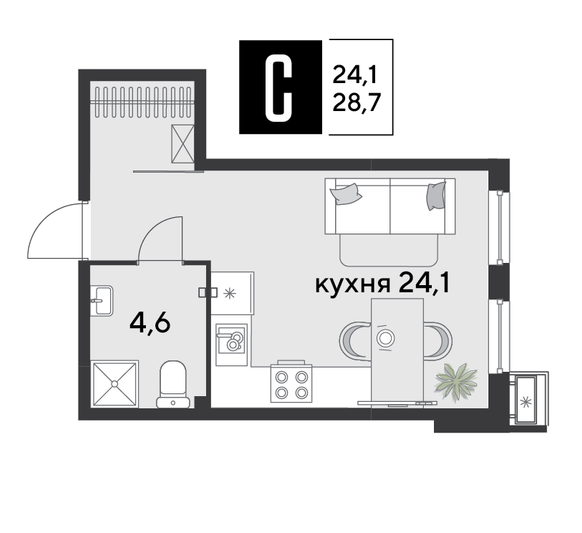 Продажа квартиры-студии 28,7 м², 2/9 этаж