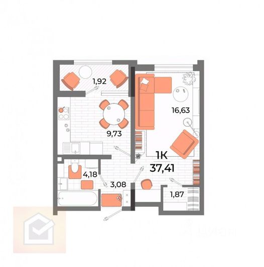 Продажа 1-комнатной квартиры 37,4 м², 6/13 этаж