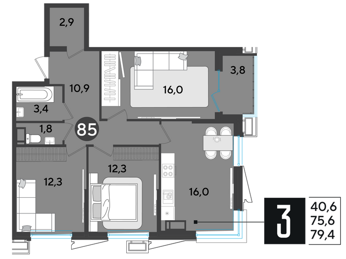 Продажа 3-комнатной квартиры 79,4 м², 11/18 этаж