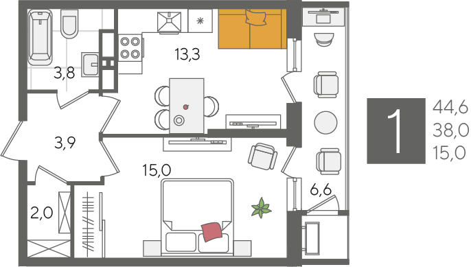 Продажа 1-комнатной квартиры 44,6 м², 22/24 этаж