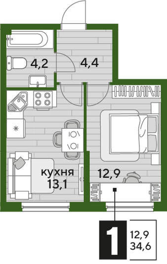 Продажа 1-комнатной квартиры 34,6 м², 2/16 этаж