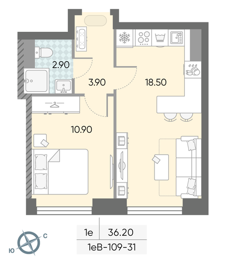 Продажа 1-комнатной квартиры 36,2 м², 31/58 этаж