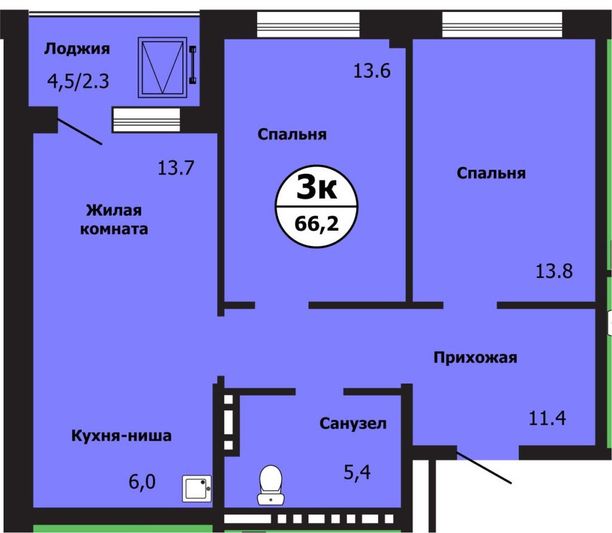 Продажа 3-комнатной квартиры 66,2 м², 10/19 этаж
