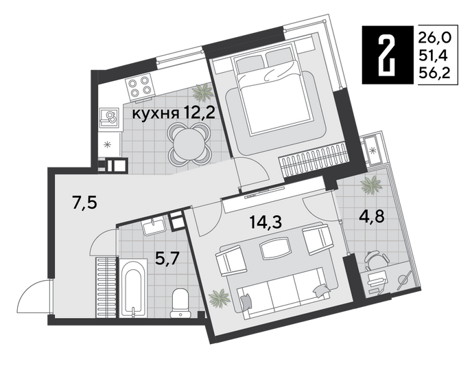 Продажа 2-комнатной квартиры 56,2 м², 6/18 этаж