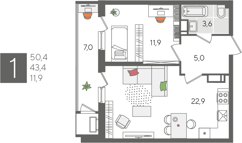 Продажа 1-комнатной квартиры 50,4 м², 24/24 этаж