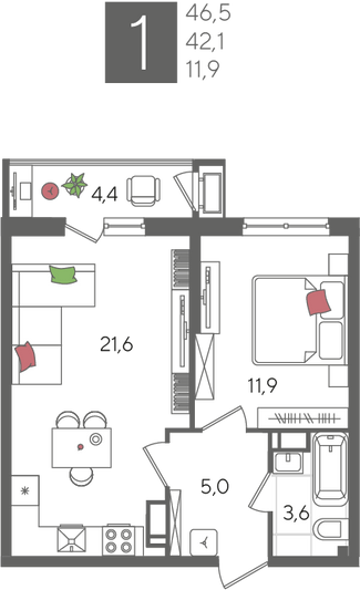 Продажа 1-комнатной квартиры 46,5 м², 14/24 этаж